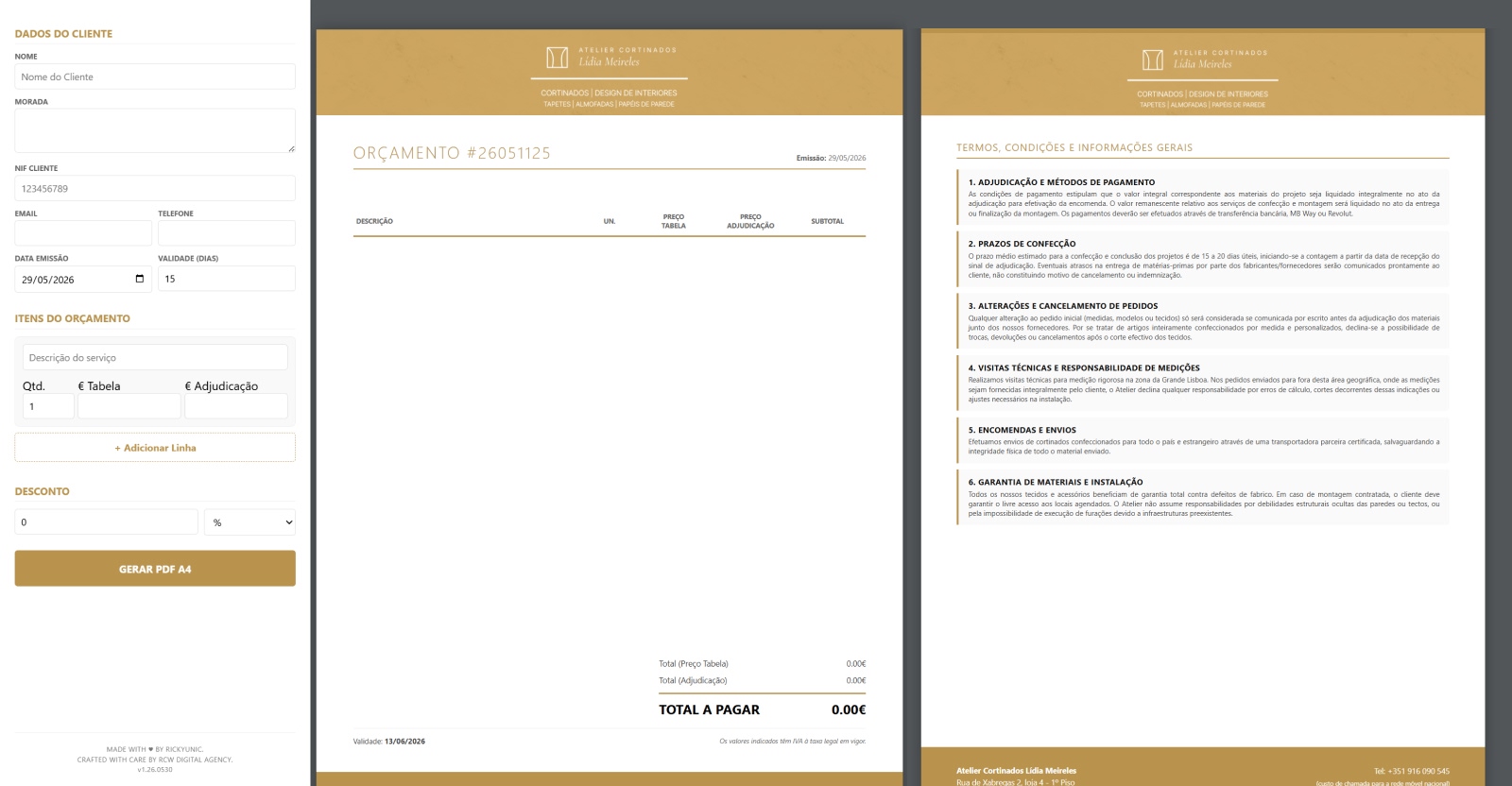 Plataforma de geração de orçamentos online para o Atelier de Cortinados Lídia Meireles.